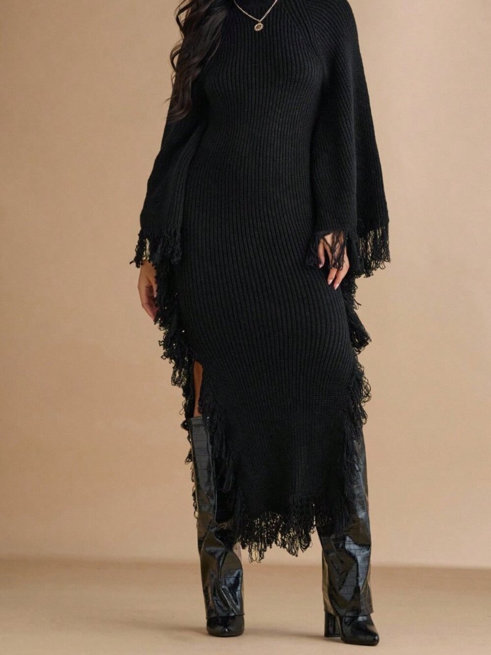 Black Casual Women's Turtleneck Fringe Cuff Fitted Knit Dress - Picture 5 of 7